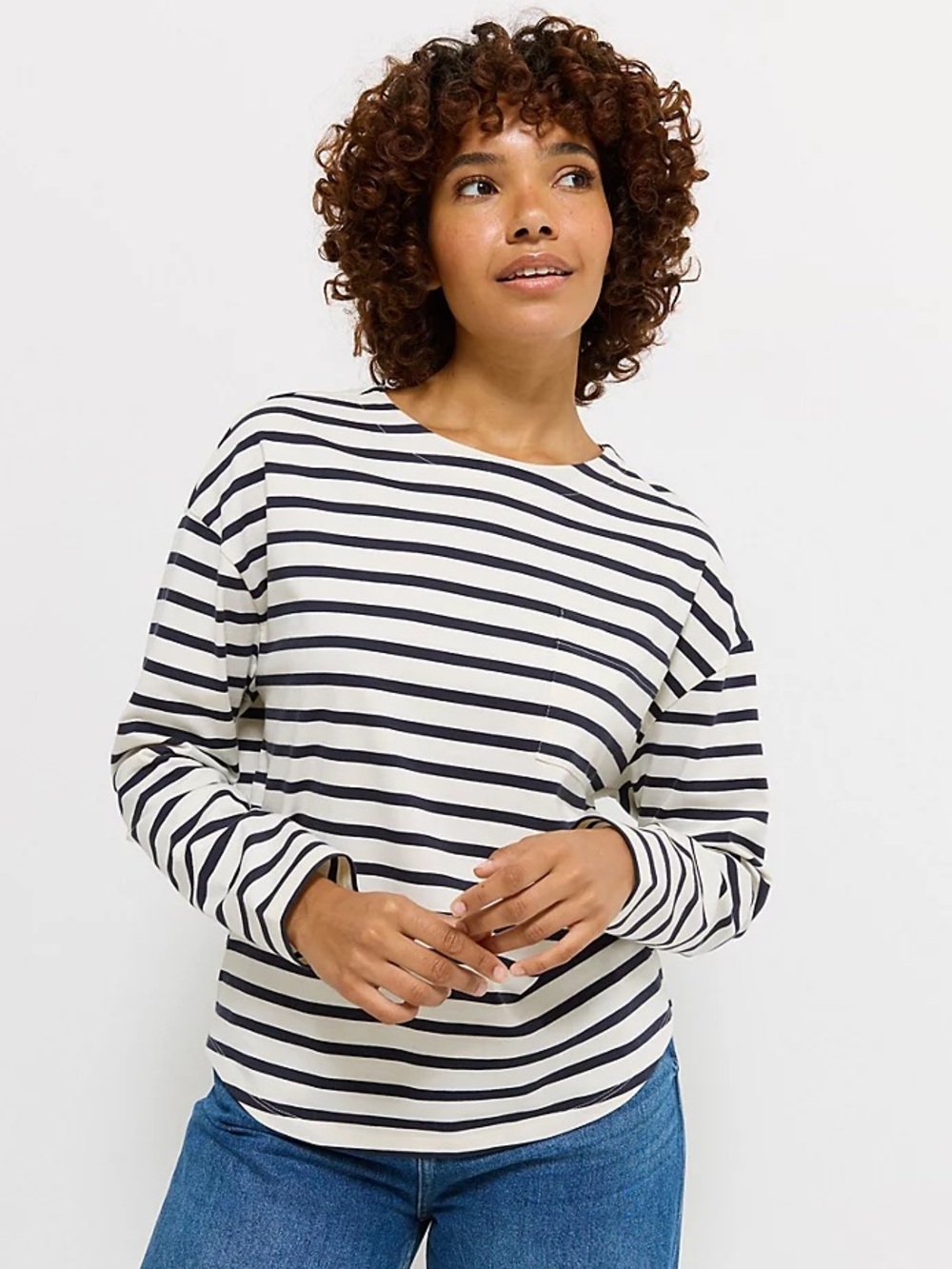 George at ASDA Navy Stripe Long Sleeve Pocket Top Size 14 Boatneck Navy Cream
